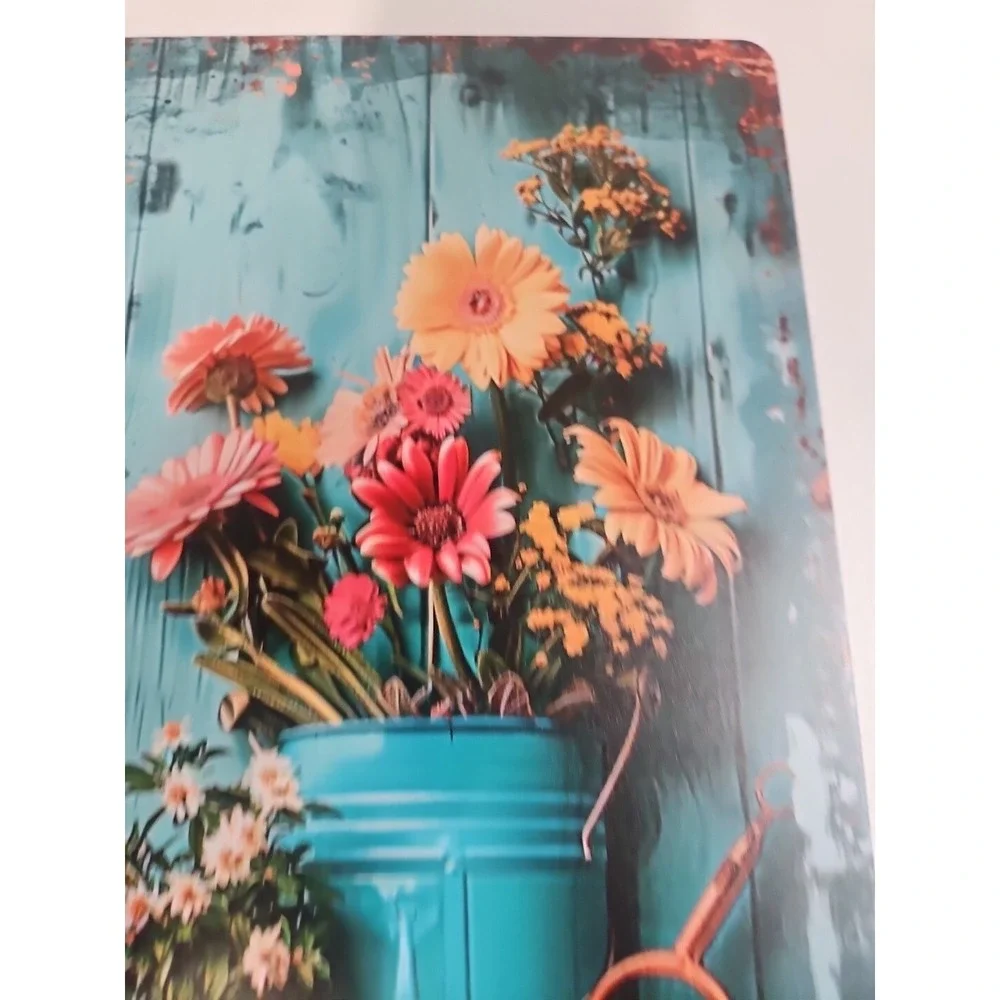 Vintage Style Metal Tin Sign Rustic Garden Flowers Watering Can Tools Wall Decor
